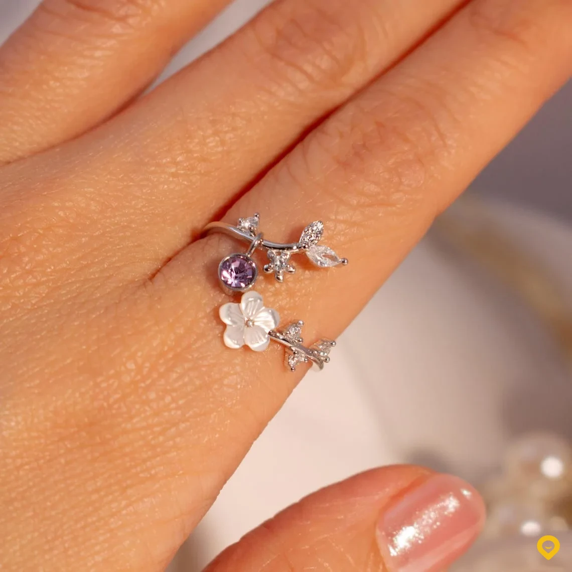 Anillo de flor de nacimiento de plata de ley 925 con nácar y Sakura, ajustable